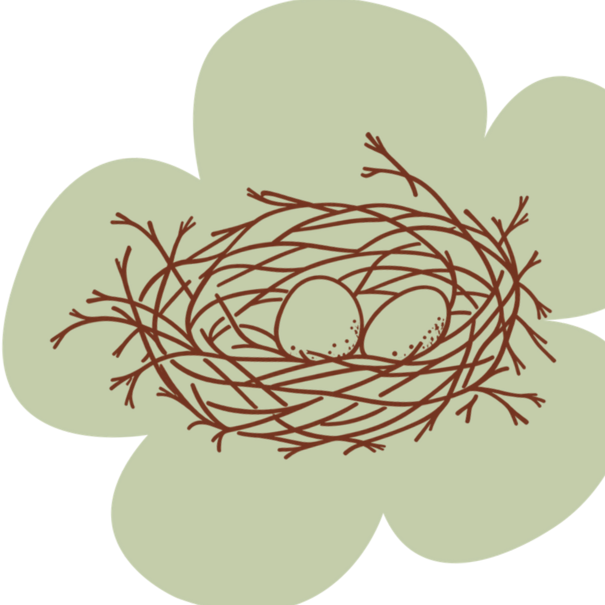 Brown line illustration of a twig nest holding two speckled eggs